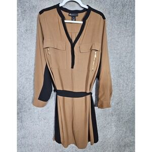 Lane Bryant Shirt Dress Womens Sz 22 Brown‎ Black V-Neck Roll Tab Sleeve Pockets